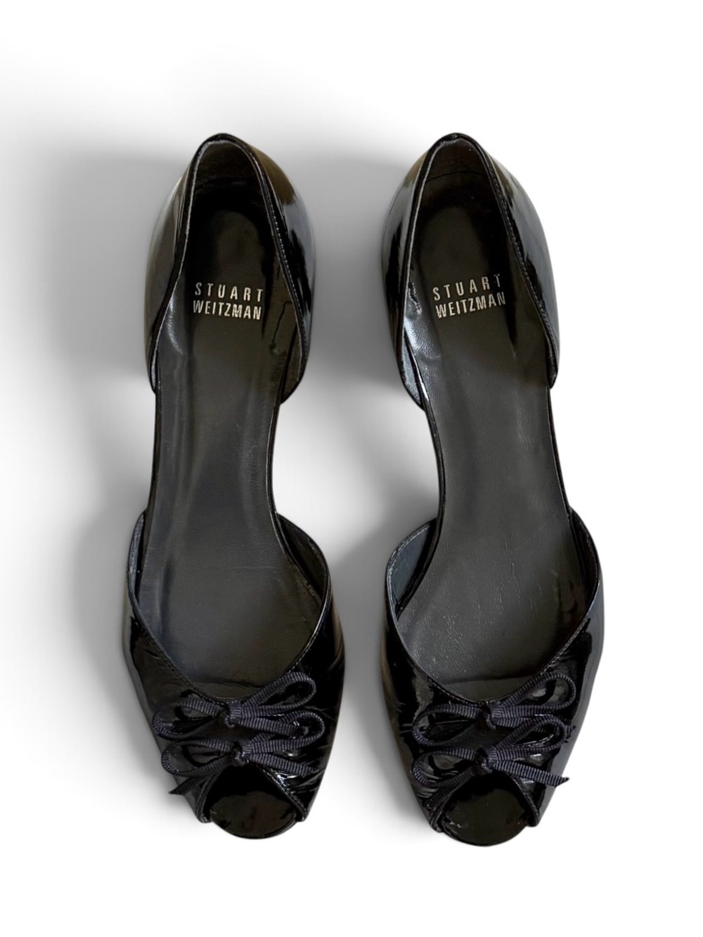 Stuart Weitzman "Part Two" Black Soft Patent Peep-Toe D'Orsay Heels Size 8